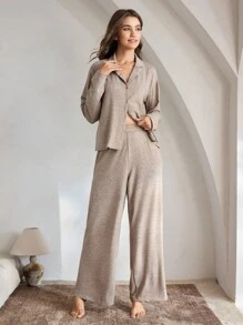 Ocili Bộ đồ ngủ dài tay họa tiết hoa màu xám cổ mềm thoải mái và quần dài cho nữ mùa lễ hội, quần áo thu đông - Màu Khaki - Xem 2