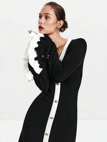 SHEIN Luminelle Váy len tay loe phối màu thanh lịch dành cho người đi làm - màu đen - Xem 5