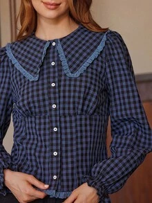 WESTFADE Gingham Ruffle Collar Button Front Fitted Long Sleeve Shirt Cute Fall Tops For Women Country Concert - Royal Blue - View 5