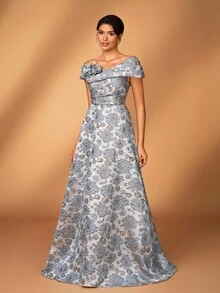 Serin Váy chữ A bằng vải satin jacquard họa tiết hoa 3D trễ vai sang trọng, thanh lịch, thích hợp cho đám cưới, tiệc tùng, kỳ nghỉ, vũ hội, váy dạ hội cho mẹ cô dâu - Xám - Xem 4