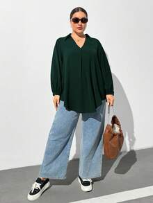 SHEIN Essnce 大码女式秋冬休闲宽松舒适 V 领黑色长袖衬衫、秋季女装、女式衬衫、曲线上衣、老款、黑色上衣、商务休闲女装、女式办公室服装、女式服装、女式上衣、返校节、教师、工作上衣 - 墨綠色 - 查看 4