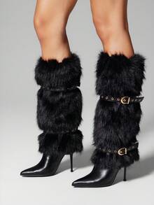SHUZIA Botas altas hasta la rodilla con tacón de aguja y punta puntiaguda, decoradas con correa con hebilla, de moda para mujeres - Negro - Ver 2