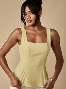 MISSGUIDED Square Neck Peplum Top Sleeveless Fitted Waist Summer Blouse Casual Evening Party Office Business Professional Wear Classic Elegant Fashion Formal Top For Women - Beige - View 4