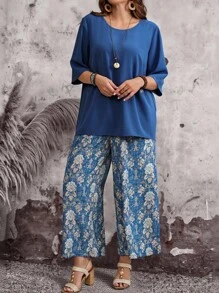 EMERY ROSE Große Größen Urlaubs-Lässig Einfarbiges Hemd & Weite Hose 2-teiliges Set - Blau - Übersicht 4