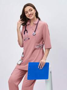 Scrubzie Asymmetrical Collar Embroidered Long Scrub Uniform Top