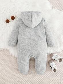 SHEIN Bộ áo liền quần dệt kim giữ nhiệt màu xám cho bé trai, dáng rộng, có mũ, tay dài, in họa tiết, khóa kéo, dễ phối đồ, dày dặn, thích hợp mặc trong nhà và ngoài trời, mùa thu/đông. - Xám - Xem 2