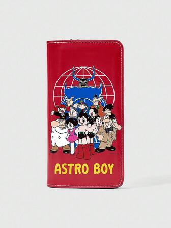 Astro Boy X ROMWE Cartera tipo billetera larga con múltiples ranuras para tarjetas, con decoración de cremallera con personajes de dibujos animados, letras y patrones de planeta, adecuada para uso diario