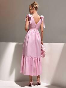 CLARA VERO Elegant Romantic Bow Shoulder Flowy Ruffle Hem Maxi Dress - Dusty Pink - View 2