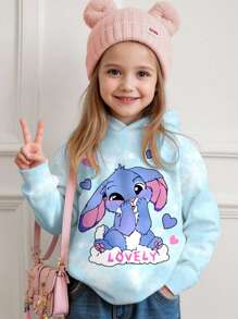 SHEIN Young Girl Cute Cartoon Blue Rabbit Stitch Pattern, Fresh Sky Blue Tie-Dye, Casual Loose Fit Round Neck Comfortable Daily Wear Long Sleeve Sweatshirt, Suitable For Autumn/Winter, Easy Comfort, Autumn Layers For, Stylish, Casual Wear, Graphic, Back To School, Fall, Homecoming - Multicolor - View 5