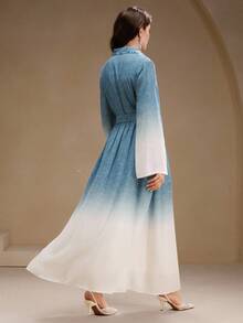 Anewsta Váy dài tay ombre thanh lịch dành cho nữ, màu xanh lam chuyển sắc sang trọng, thu/đông - Màu xanh lam - Xem 2