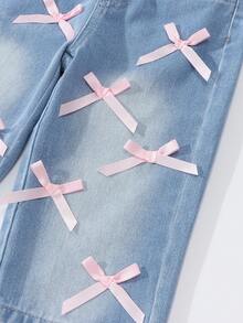 SHEIN Baby Girls' Wide Leg Jeans,Cute Pink 3D Bow Denim Pants For Summer,Graphic Loose Casual College Style,Fall Winter Jeans - Light Wash - View 7