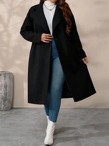 SHEIN Tall CURVE 大码女式纯色翻领长袖休闲羊毛长大衣，秋冬 - 黑色 - 查看 1