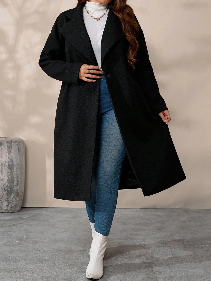 SHEIN Tall CURVE 大码女式纯色翻领长袖休闲羊毛长大衣,秋冬 - 黑色 - 查看 1