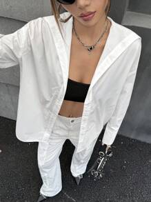 SHEIN ICON Camisa holgada con capucha de unicolor casual para mujer - Blanco - Ver 1