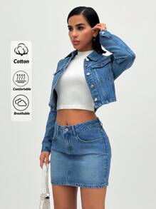 EURMUSE Rigid Casual Skirt & Jacket Denim Outfit - Medium Wash - View 1