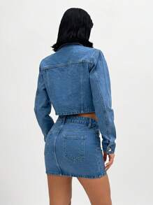 EURMUSE Rigid Casual Skirt & Jacket Denim Outfit - Medium Wash - View 2
