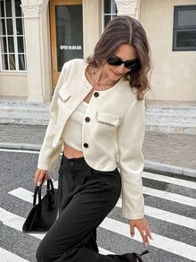 SHEIN Frenchy 休闲通勤犬牙纹短款外套，秋季，时尚，优雅，商务休闲，外出，教师，返校季冬季 - 杏色 - 查看 1