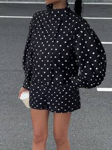 Muchica 2025 秋季女款黑白波点印花长袖拉链夹克和短裤休闲宽松两件套，Y2K 返校 2000 年代街头服饰、垃圾摇滚和朋克时尚 - 黑與白 - 查看 5