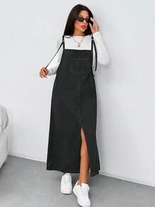 EURMUSE WOMEN LONG DENIM DRESS POCKET AND SLIT DETAIL - Black - View 6
