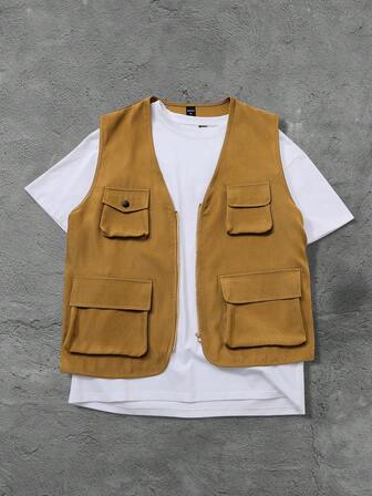 Street Life Men's Casual Utility Vest With Pockets, American Street Style Workwear Waistcoat