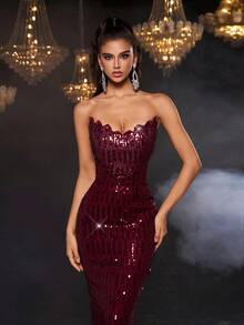 Glamrae 优雅奢华前卫红色亮片刺绣手工水晶珠钻石特殊波浪领口美人鱼下摆晚礼服、宾客礼服、仙女奢华礼服、正式礼服、连衣裙 - 紅色 - 查看 3