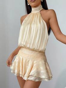 SHEIN PETITE 黄色露背低腰迷你裙，女士度假连衣裙，音乐节连衣裙，秋冬分层黄色连衣裙 - 黃色 - 查看 4