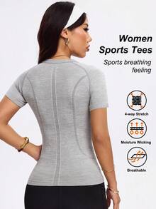 Dewbera 女士休闲透气插肩袖修身运动T恤，夏季无缝衬衫健身衫 - 灰色 - 查看 2