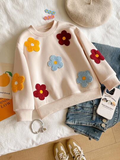 Sparklyn 这款少女休闲百搭的3D立体刺绣彩色花卉图案白色圆领保暖卫衣，适合秋冬季节、上学、日常穿着、搭配套装、家庭聚会、舞台表演等场合。