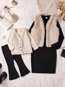 Baby Mädchen einfarbige einreihige flauschige Weste Jacke, Langarm-Top und ausgestellte Hose Mode Set, Baby Mädchen Kunstfell Weste Outfits, Baby Mädchen Winter Outfits, Baby Mädchen Herbst Outfits, Baby Mädchen Kleidung, Baby Mädchen 3-teiliges Set - Verschiedenfarbig - Übersicht 1