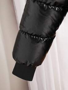 SHEIN Girls' Oversized Stand Collar Ribbed Waist Padded Coat, Suitable For Daily Commute And Gatherings, Winter - Black - View 6