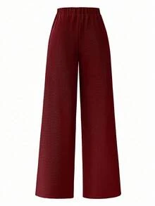 Rometta Conjunto casual de 2 piezas de talla grande para mujer con blusa de manga larga de color contrastante y pantalón de pierna ancha - Burdeos - Ver 7