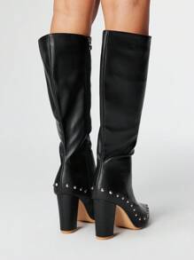 ROMWE Grunge Punk Botas de Salto Alto Femininas, Versáteis Elegantes de Bico Fino Moda PU Salto Grosso, Outono/Inverno - Preto - Visão 5