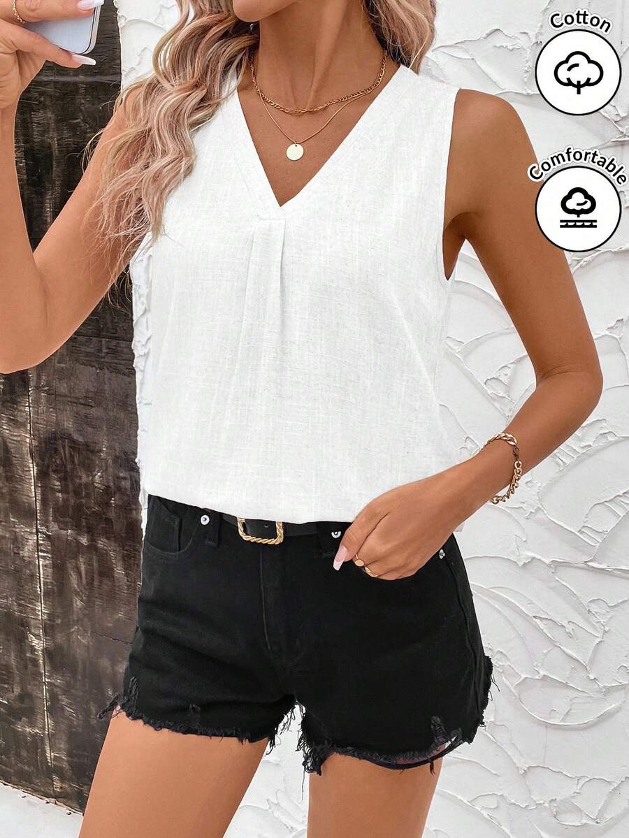 SHEIN Clasi 夏季优雅女士纯色无袖 V 领亚麻面料褶皱衬衫，适合各种场合穿着 - 白色 - 查看 1