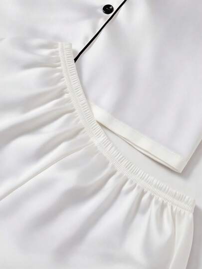 Women Contrast Faux Zijden Collar Pajama Set Satijnen Sleepwear Wit Pj Pjs view 6