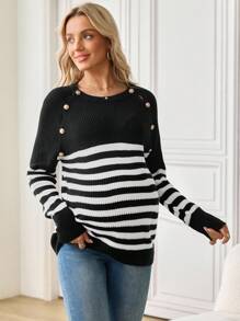 SHEIN 孕妇纽扣设计圆领长袖条纹休闲哺乳毛衣 - 黑與白 - 查看 4