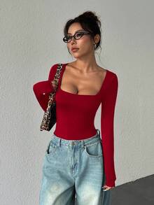 StreetHx 女士长袖紧身衣，棕色，修身剪裁，简约百搭，通勤适用 - 酒紅色 - 查看 3