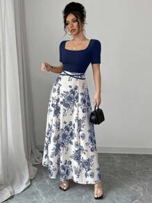 Selianne 女士优雅修身腰系带旗袍式印花短袖连衣裙 - 藏蓝色 - 查看 3