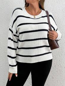 SHEIN Tall CURVE 大码休闲通勤拼色条纹毛衣 - 彩色 - 查看 1