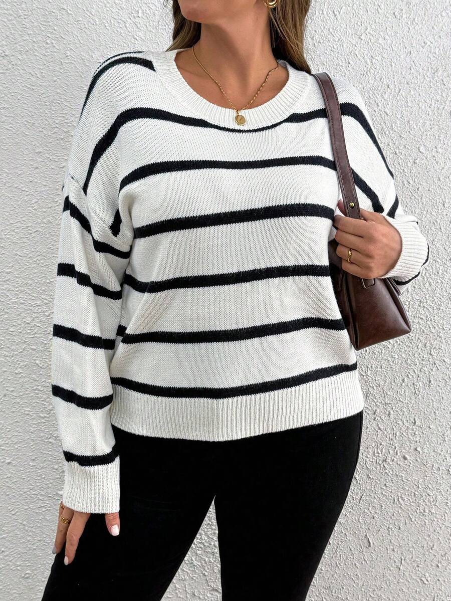 SHEIN Tall CURVE 大码休闲通勤拼色条纹毛衣 - 彩色 - 查看 1