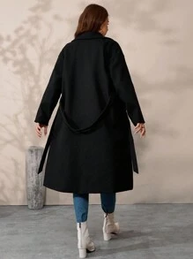 SHEIN Tall CURVE 大码女式纯色翻领长袖休闲羊毛长大衣，秋冬 - 黑色 - 查看 2