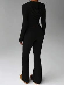 FavEase Bộ đồ thể thao thường ngày kết hợp họa tiết gân lông cừu màu be có khóa kéo và quần ống loe cổ điển dành cho nữ, tủ đồ thiết yếu tối giản, mùa xuân và mùa thu - màu đen - Xem 2