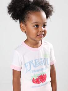 SUMWON Girls Fresh Strawberry Print T-Shirt Co-Ord Set With Pink Striped Wide Leg Pants Summer Casual Cotton Outfit - Baby Pink - View 5