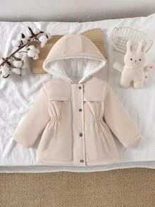 SHEIN Vintaside Kids 女童卡其色可爱脸连帽舒适时尚休闲棉服外套，秋冬 - 杏色 - 查看 4