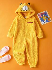 GARFIELD | SHEIN Young Boy Cute 3D Ear Cartoon Embroidery Hooded Long Sleeve Plush Yellow Pajamas Jumpsuit