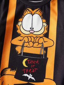 GARFIELD | SHEIN 3pcs Baby Boy Cute Halloween Pattern Round Neck Long Sleeve Bodysuit, Striped Long Pants, And Knit Hat Soft & Comfortable Set - Black - View 6