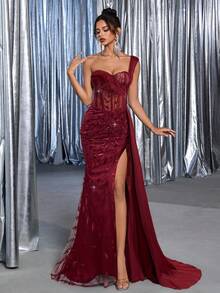 Glamrae 优雅奢华刺绣亮片蕾丝拼布缎面性感大腿高开衩美人鱼裙，带侧褶饰边，适合婚礼、派对、舞会、宴会（重度装饰） - 酒紅色 - 查看 3