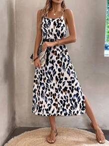 SHEIN Tall 女式夏季豹纹侧开衩休闲吊带连衣裙长款女装 - 彩色 - 查看 6