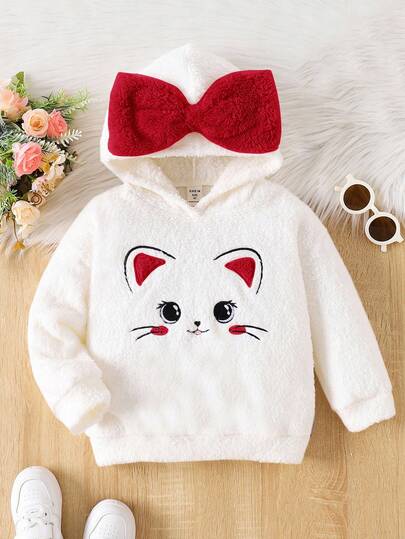 SHEIN Sudadera con capucha de franela con bloque de color, bordado de dibujos animados lindos y lazo para niña, ideal para Navidad, uso casual y diario, y escuela en otoño e invierno, de manga larga, cálida y cómoda. Ideal para uso casual, diario y escolar en otoño e invierno. Ideal para que las hermanas combinen.