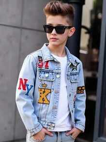 Coolqubz Tween Boy Casual Comfortable Vacation Fashion Street Cute Graffiti Embroidery Non-Stretch Long Sleeve Slim Fit Denim Jacket, Spring/Summer/Autumn. Fashionable Comfortable Daily Versatile Denim Jacket Fall Winter,Unisex - Light Wash - View 4