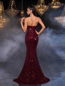 Glamrae 优雅奢华前卫红色亮片刺绣手工水晶珠钻石特殊波浪领口美人鱼下摆晚礼服、宾客礼服、仙女奢华礼服、正式礼服、连衣裙 - 紅色 - 查看 2